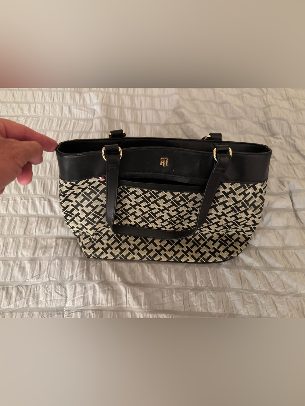 Tommy Hilfiger Black & Cream Patterned Tote with Gold Hardware